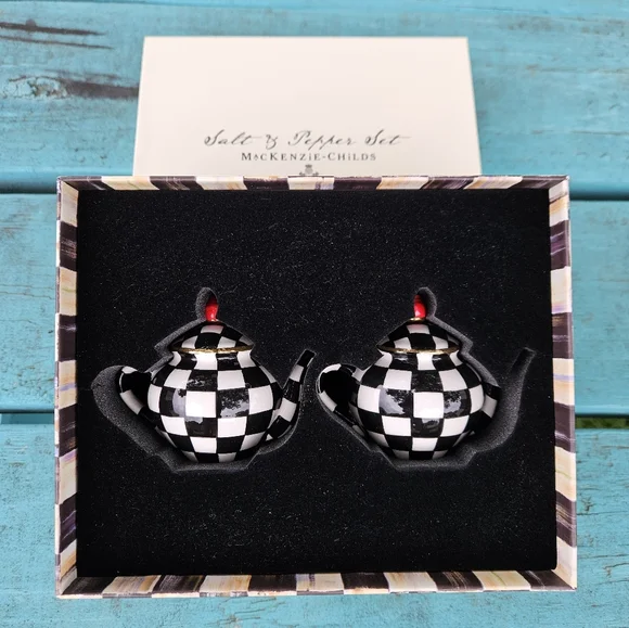 Mackenzie Childs Courtly Check Teapot Salt & Pepper Shakers - Picture 4 of 9